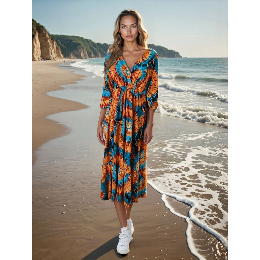 Empire Dress Boho Tie-Dye‎ Maxi Dress Flowy Dopamine Funky Estee Brown Paris S